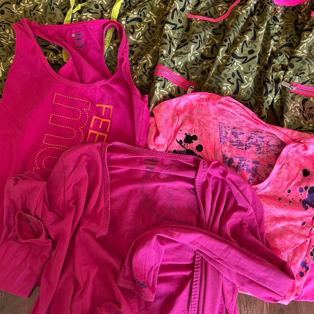 Zumba Fitness Pink Tank, camo cropped pant, camo shorts, light cardigan, fun top - Picture 2 of 14